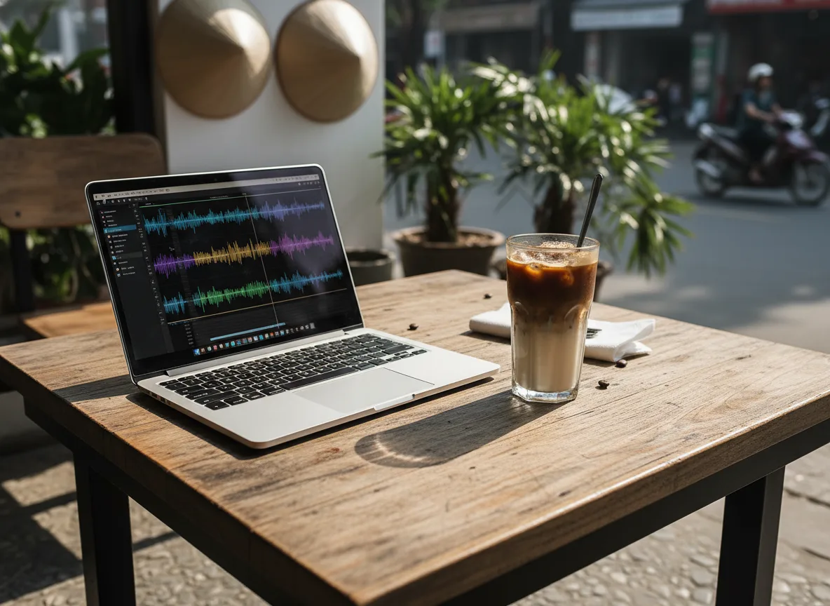 Laptop hiển thị dòng thời gian dựng video trừu tượng tại quán cafe Việt Nam, minh họa quy trình AI Video Marketing cho Spa tiện lợi.
