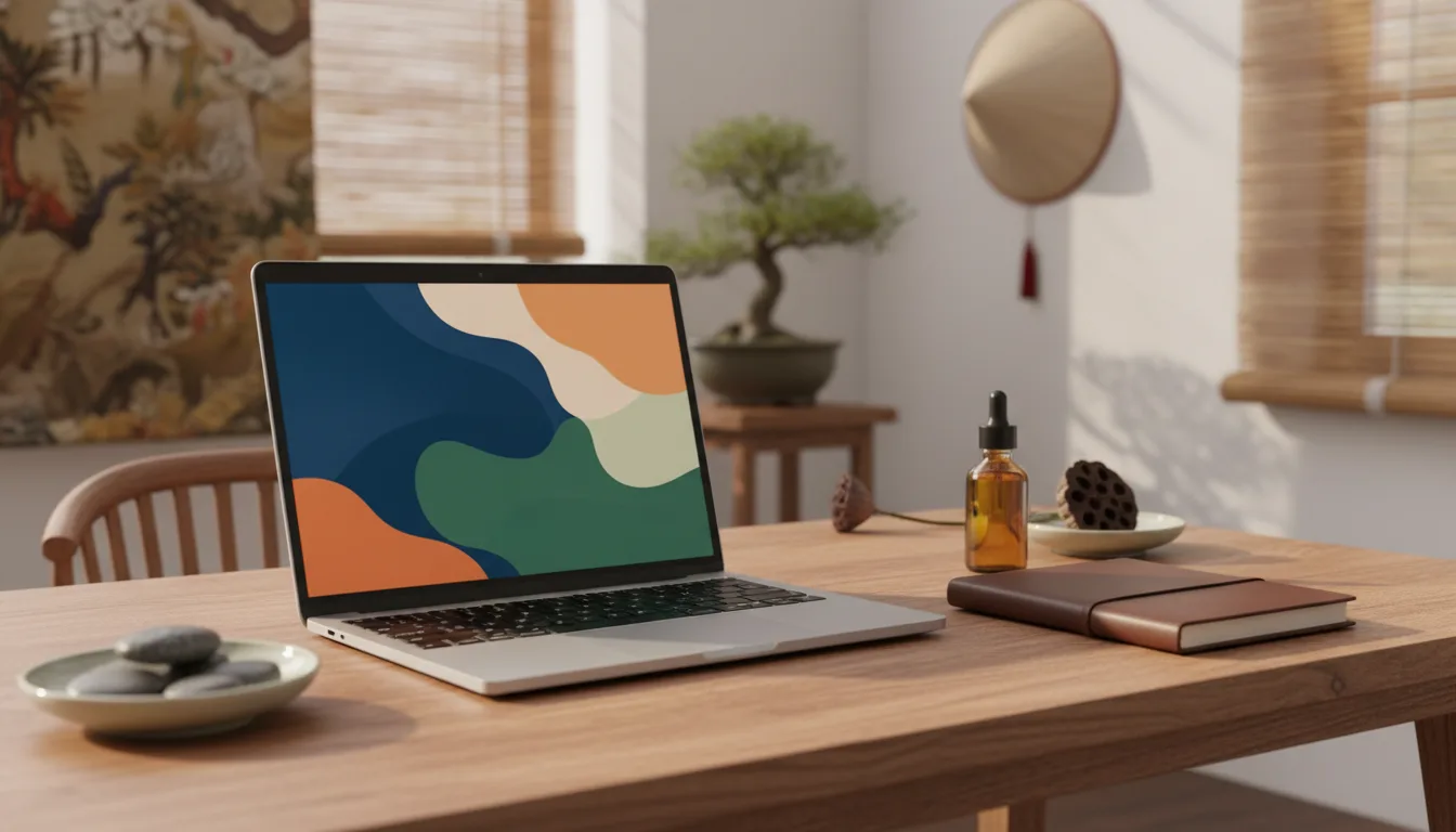 Góc làm việc tối giản tại spa Việt Nam với laptop màn hình không chữ, khởi đầu hành trình AI Video Marketing cho Spa hiệu quả.