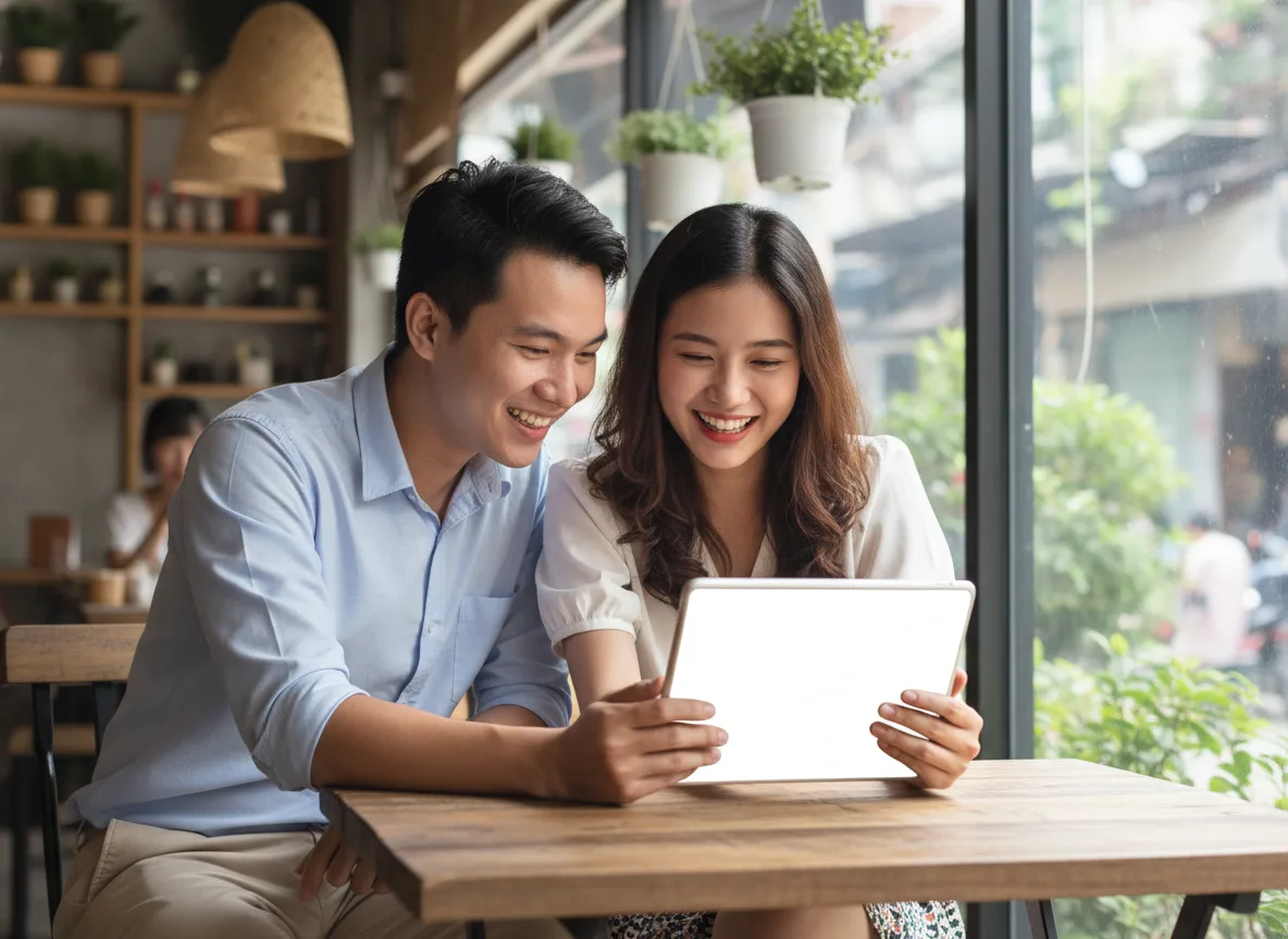 Nhóm thiết kế trẻ thảo luận dự án bên máy tính bảng trơn không chữ, nâng cao hiệu quả làm AI Video Marketing cho Spa tối ưu.