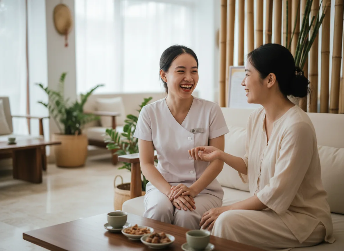 Nhân viên tư vấn spa thảo luận vui vẻ cùng khách hàng, gợi mở ý tưởng làm AI Video Marketing cho Spa chạm đúng tâm lý.