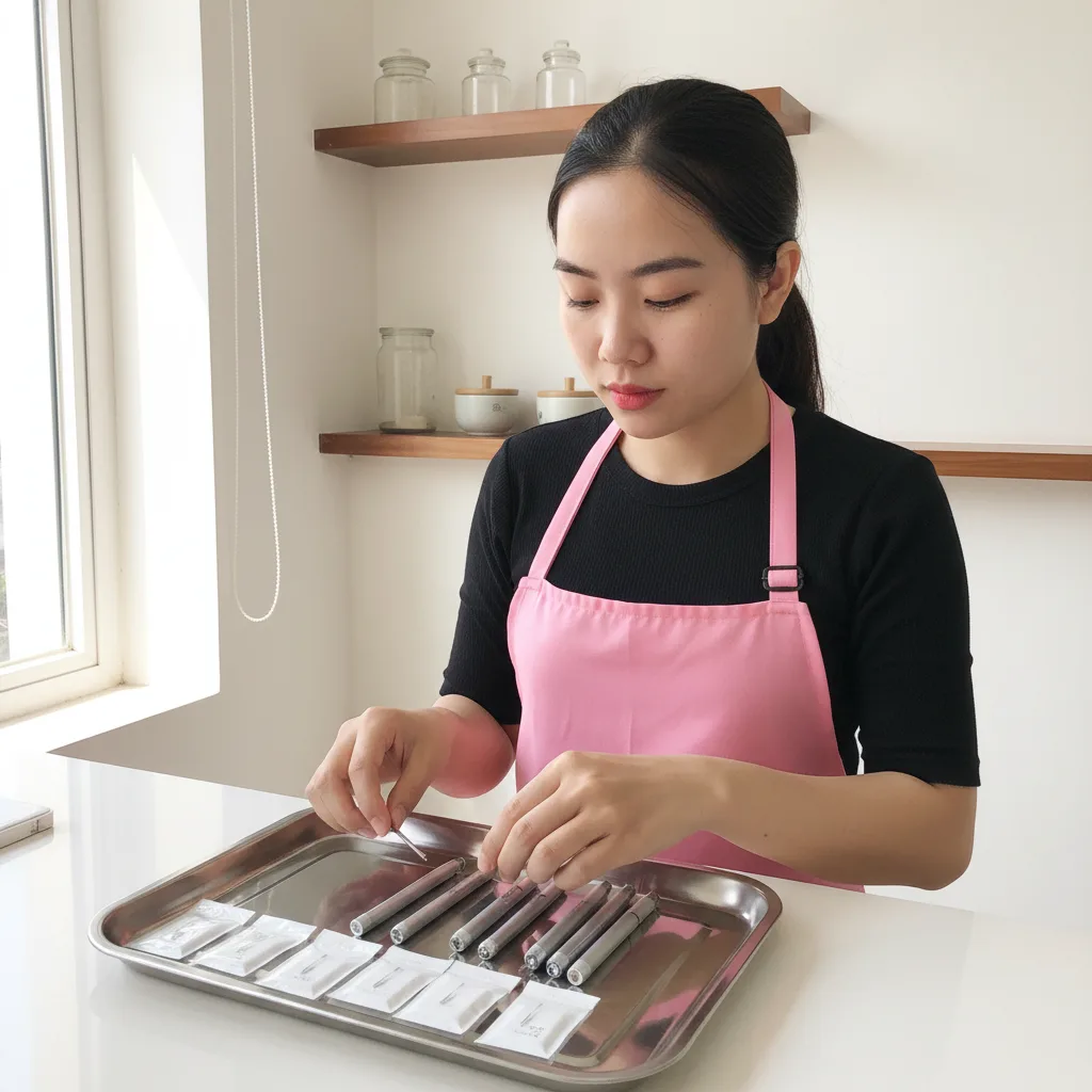 Bàn làm việc sạch sẽ ngăn nắp với máy tính và sổ tay trống chuẩn bị cho khóa học tìm hiểu dụng cụ phun xăm cơ bản tại nhà.