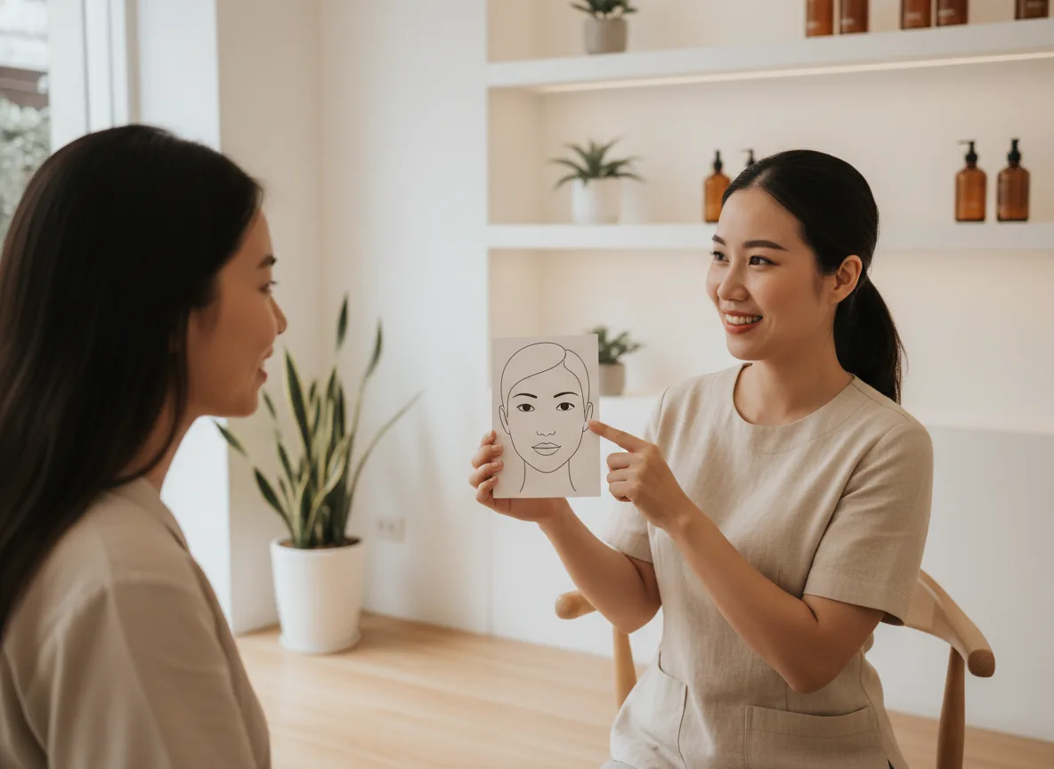 Chuyên gia thẩm mỹ Việt Nam đang tư vấn cách định hình các dáng chân mày đẹp phù hợp với từng đường nét khuôn mặt của khách hàng.
