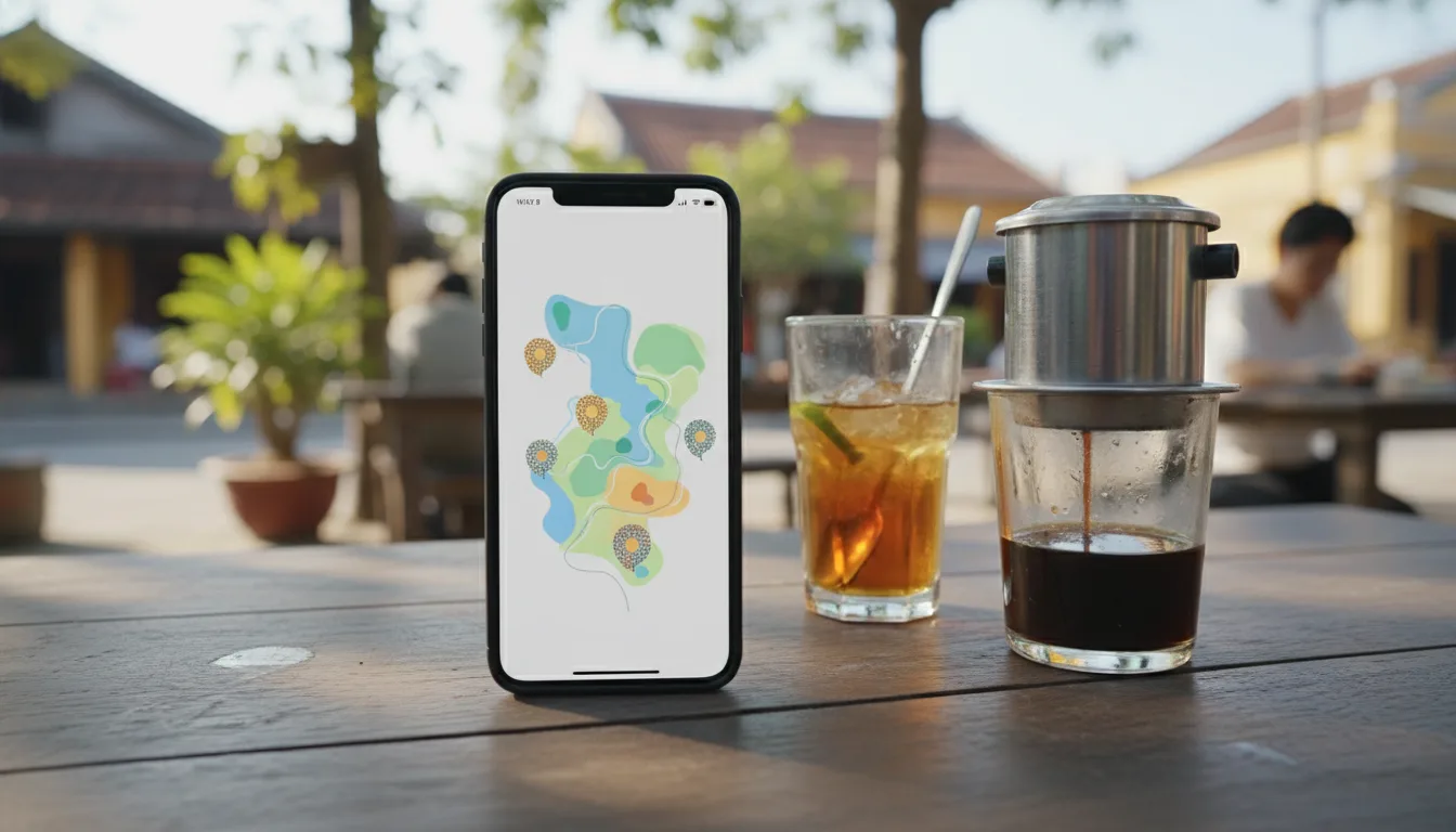 Thiết lập chuyển đổi khách maps về zalo hiệu quả với màn hình điện thoại hiển thị bản đồ không chữ tại quán cà phê Việt Nam.