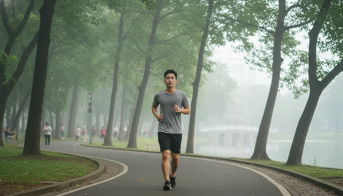 Một bạn trẻ Việt Nam chạy bộ rèn luyện kỷ luật trong công viên xanh mát, tượng trưng cho việc áp dụng AI viết bài Maps đều đặn.