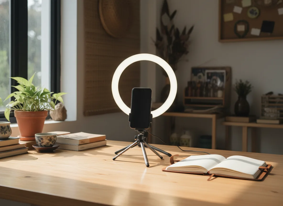 Góc làm việc mộc mạc tại Việt Nam với thiết bị chụp ảnh tối giản, minh họa quy trình sử dụng AI viết bài Maps chuyên nghiệp.