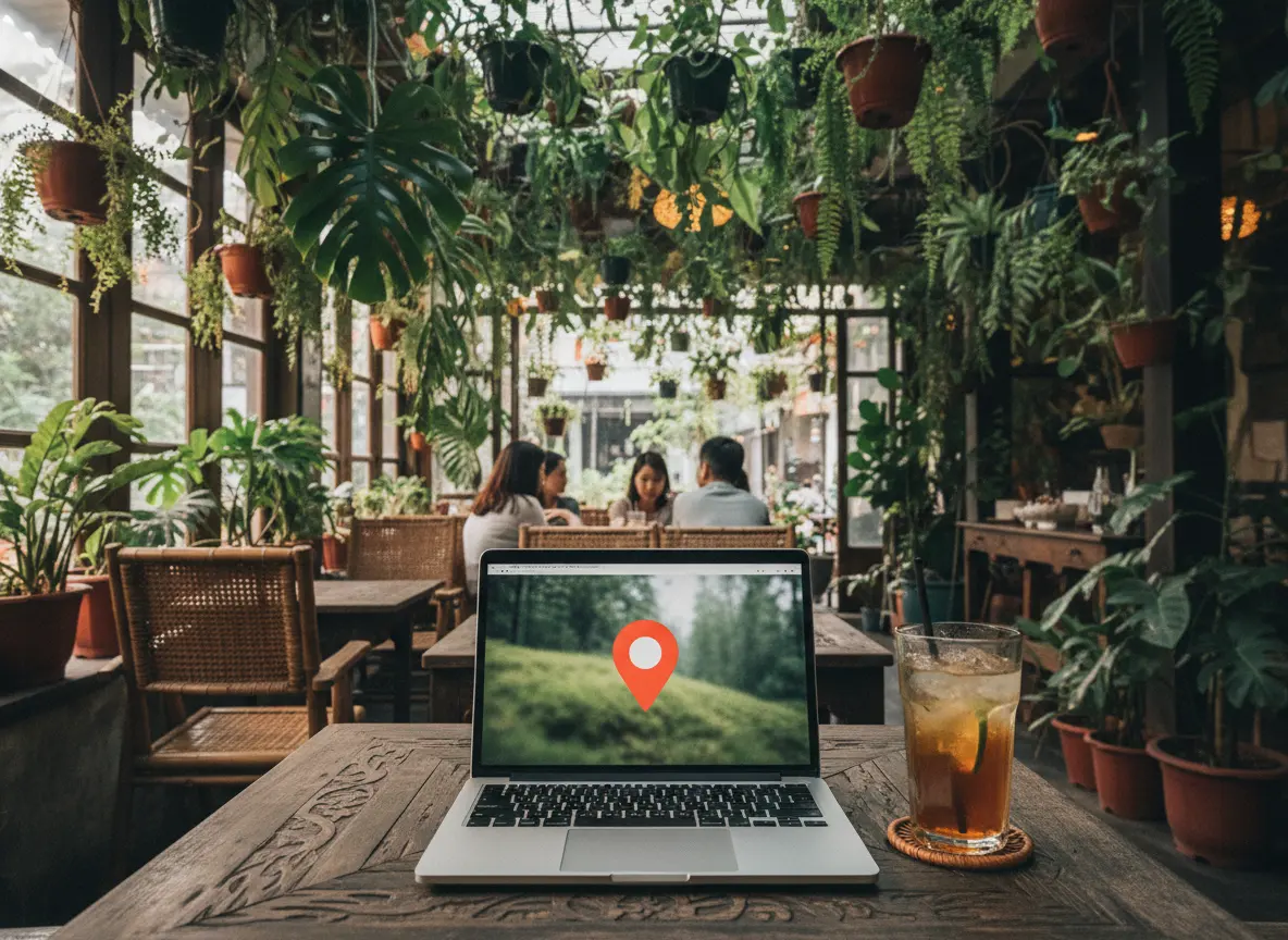 Không gian quán cafe Việt Nam nhiều cây xanh với chiếc laptop hiển thị bản đồ trừu tượng không chữ hỗ trợ AI viết bài Maps.