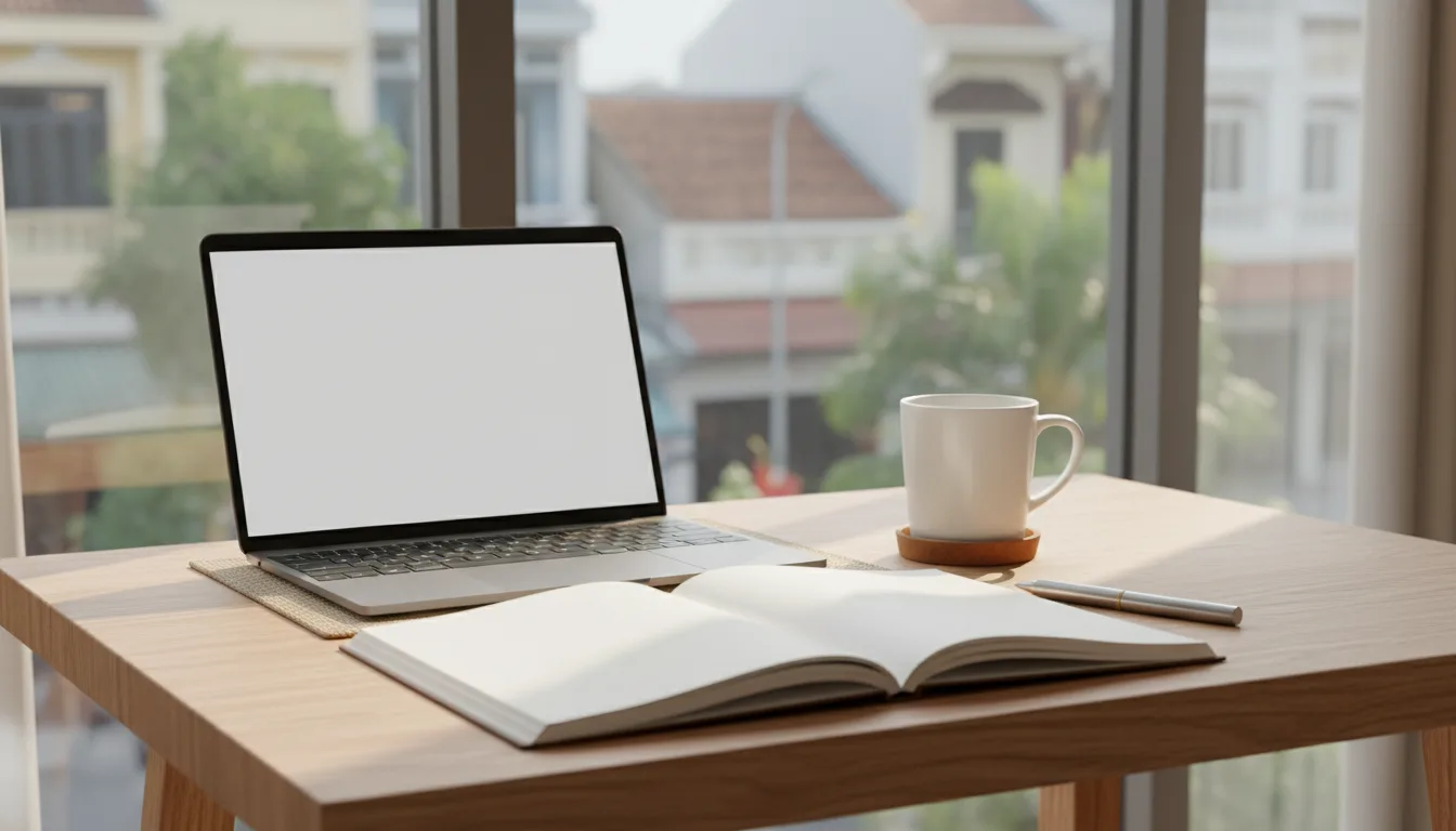 Bàn làm việc hiện đại tại Việt Nam với laptop màn hình trống và cuốn sổ tay không chữ thể hiện giải pháp AI viết bài Maps.