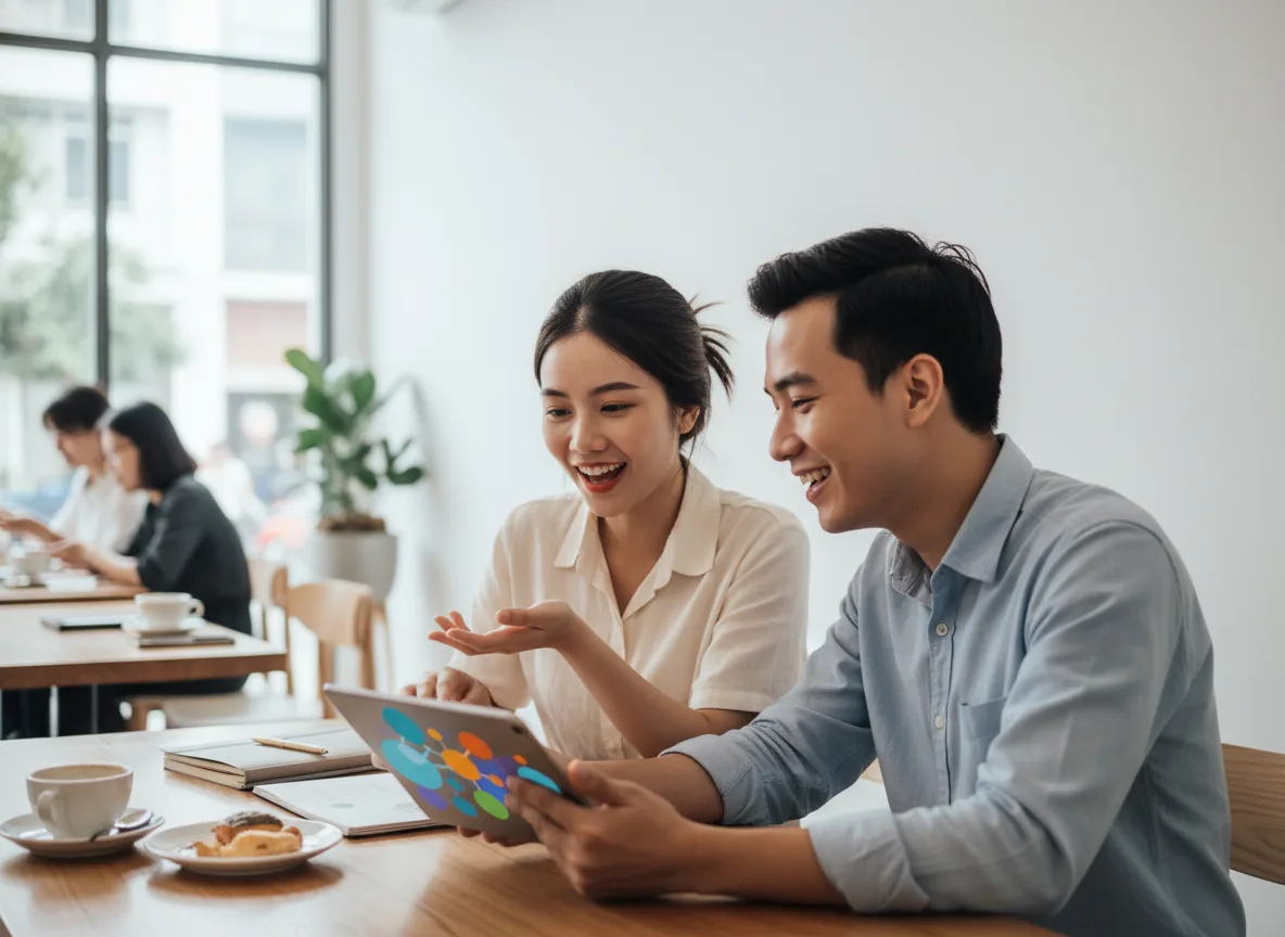 Hai chuyên gia thảo luận phương án phân tích đối thủ Maps Spa tại quán cafe Việt Nam hiện đại