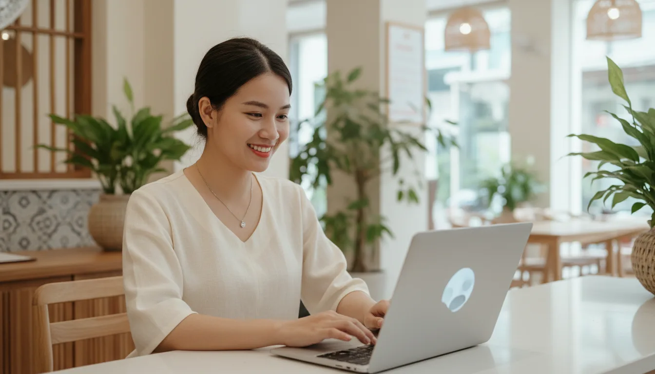 Chủ doanh nghiệp thực hiện phân tích đối thủ Maps Spa trên máy tính tại sảnh spa hiện đại