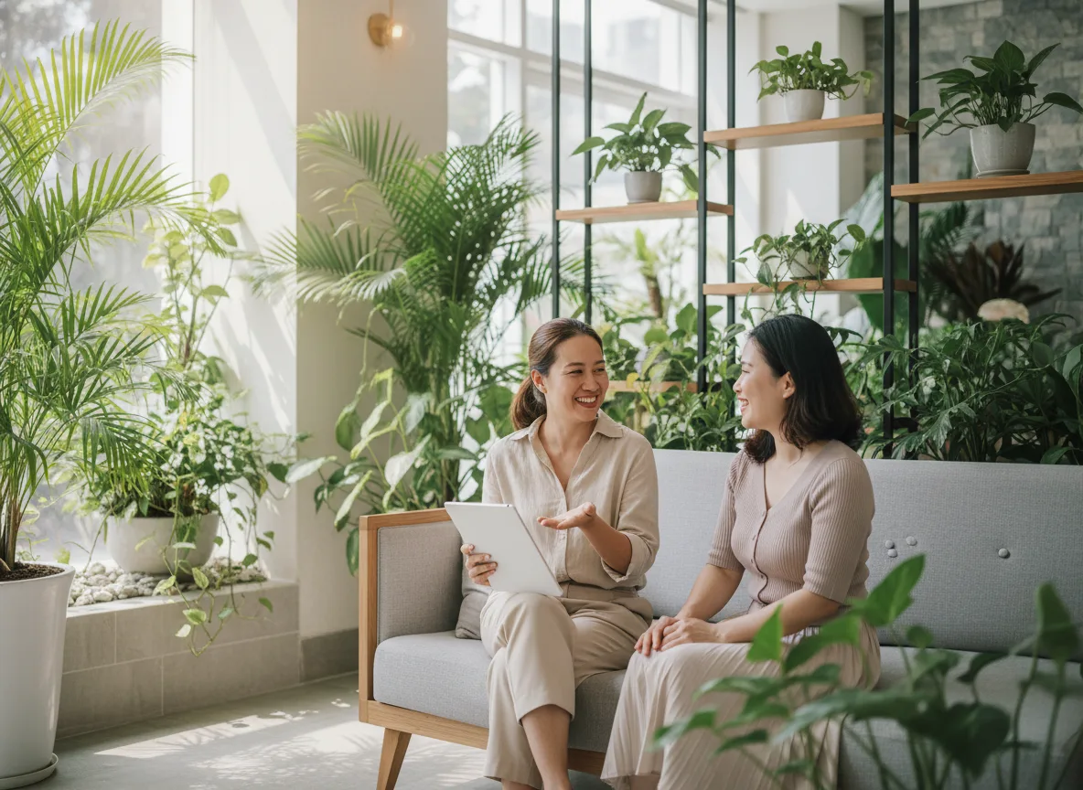 Thảo luận về chiến lược viết bài quảng cáo spa bằng ai giữa chuyên gia marketing và chủ doanh nghiệp spa.