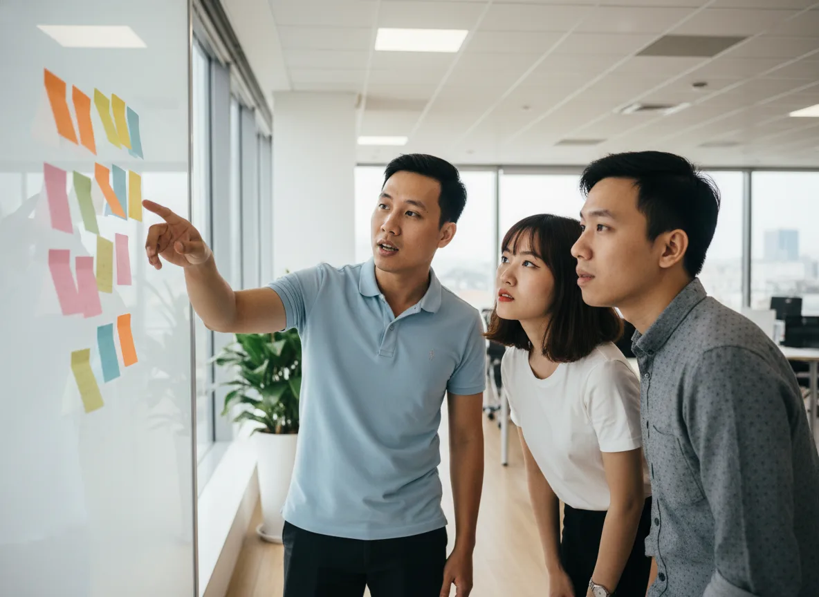 Đội ngũ nhân sự Việt Nam thảo luận cách vận hành Phễu bán hàng AI đạt hiệu quả cao.