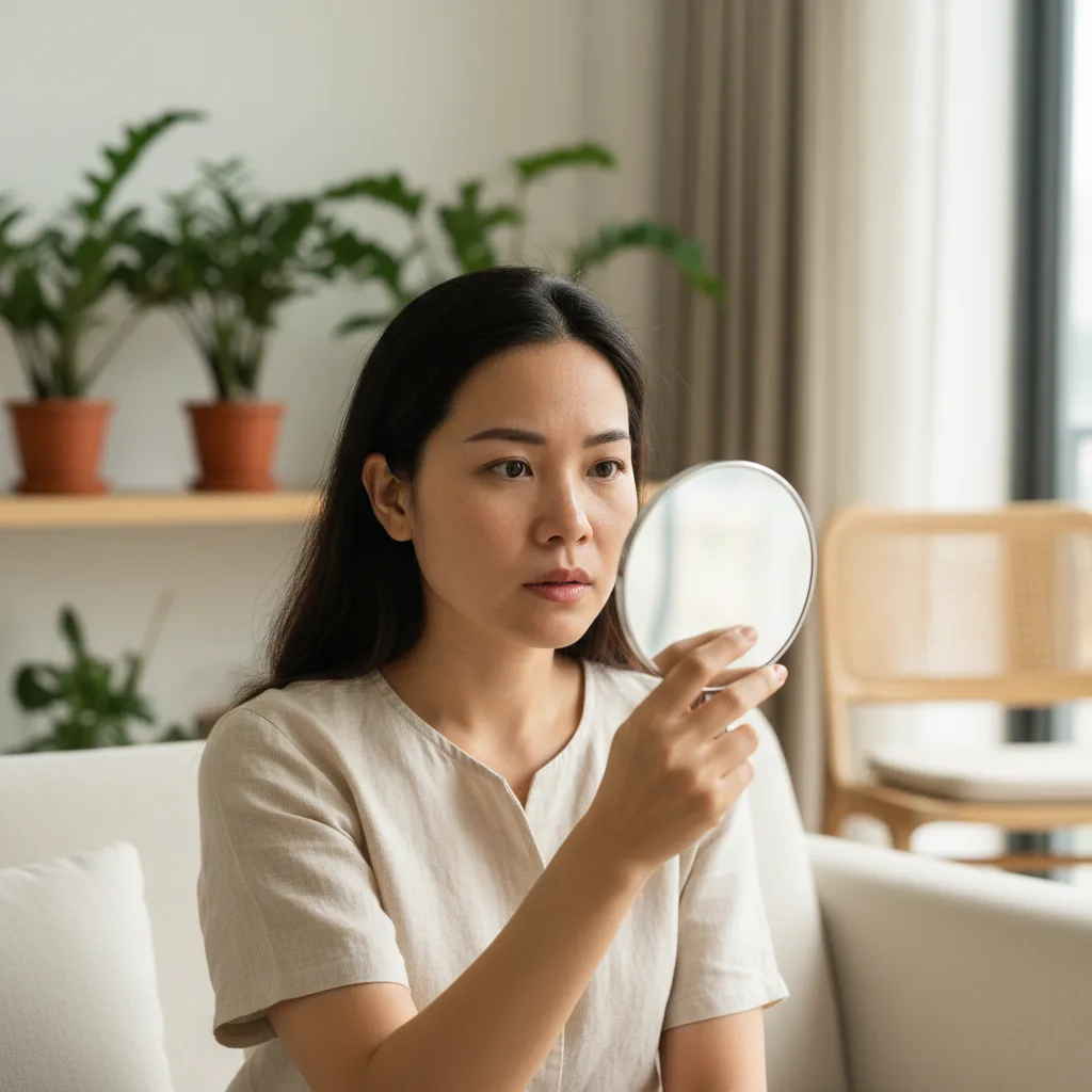 Cô gái Việt Nam trầm tư bên ly nước tại quán cà phê khi tìm kiếm thông tin về chân mày trổ xanh trổ đỏ.