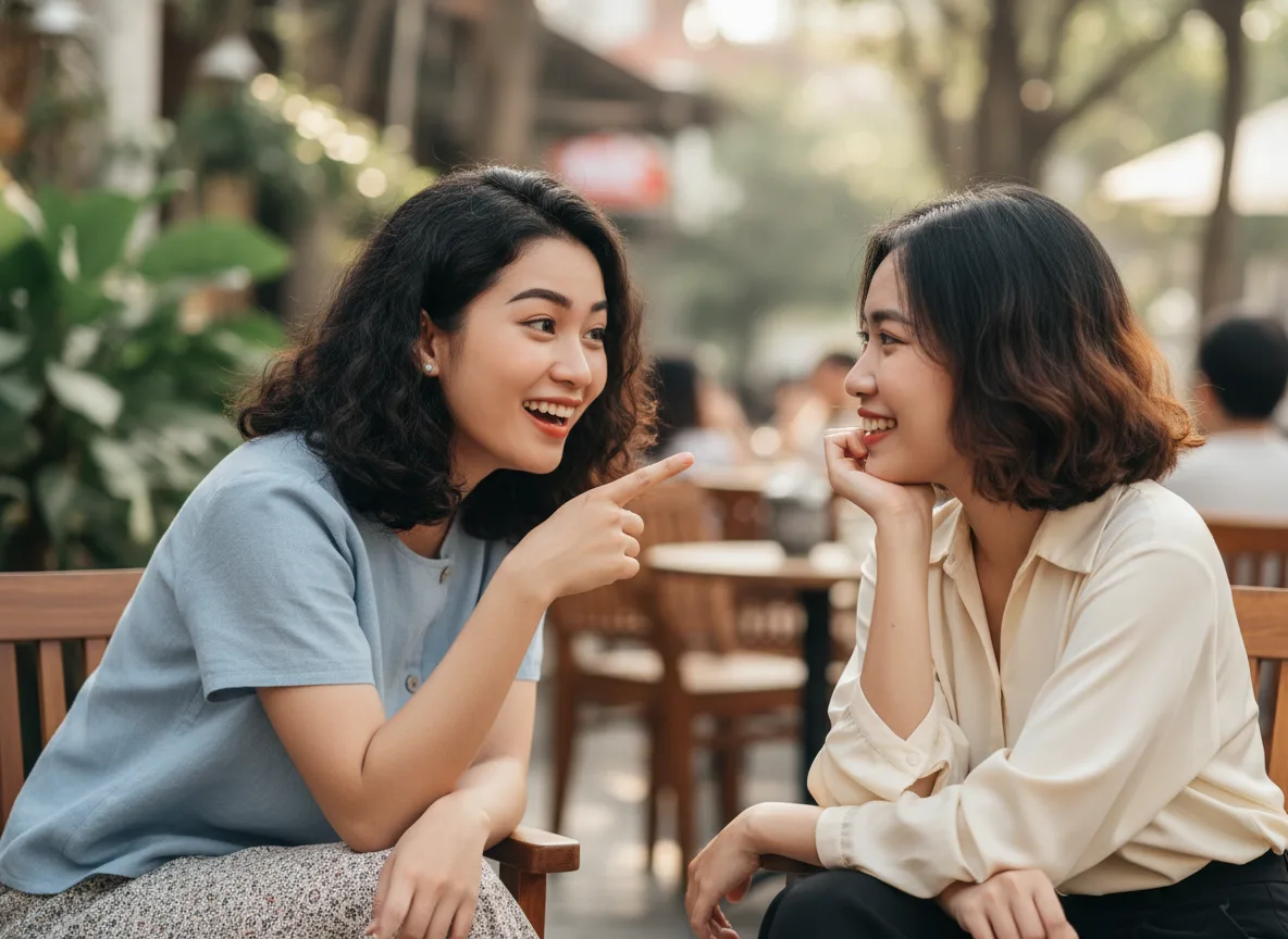 Hai người bạn chia sẻ trải nghiệm làm đẹp tự nhiên thúc đẩy marketing truyền miệng phun xăm hiệu quả.