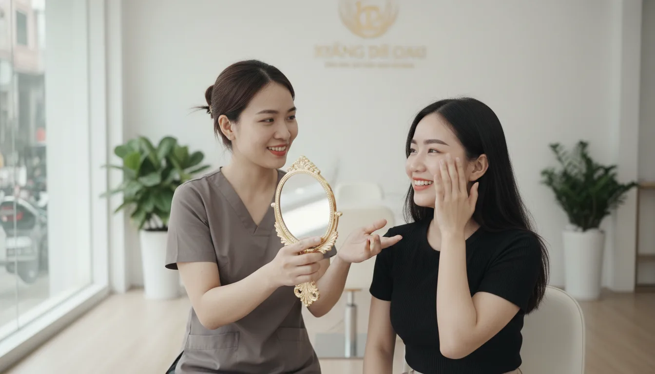 Khách hàng hài lòng chia sẻ trải nghiệm dịch vụ giúp tối ưu chiến lược marketing truyền miệng phun xăm tự nhiên tại spa.