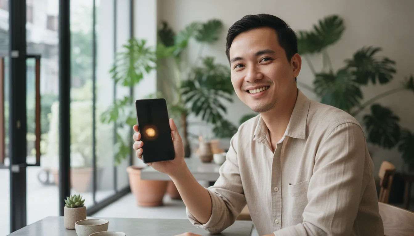 Doanh nhân trẻ tại Hà Nội đang áp dụng Chiến thuật gọng kìm Marketing trên điện thoại trong quán cafe xanh mát.