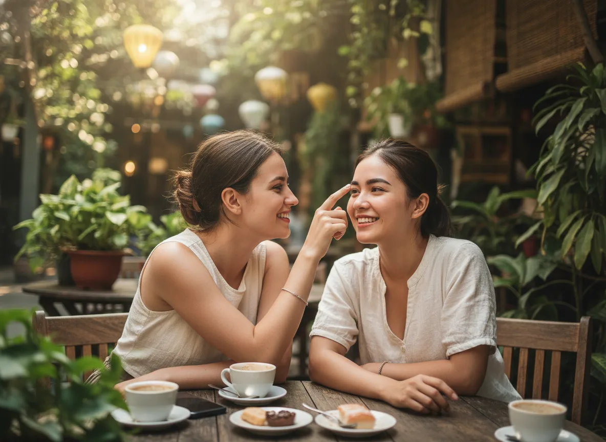 Hai người bạn Việt Nam vui vẻ chia sẻ trải nghiệm hài lòng sau khi điêu khắc chân mày 9d