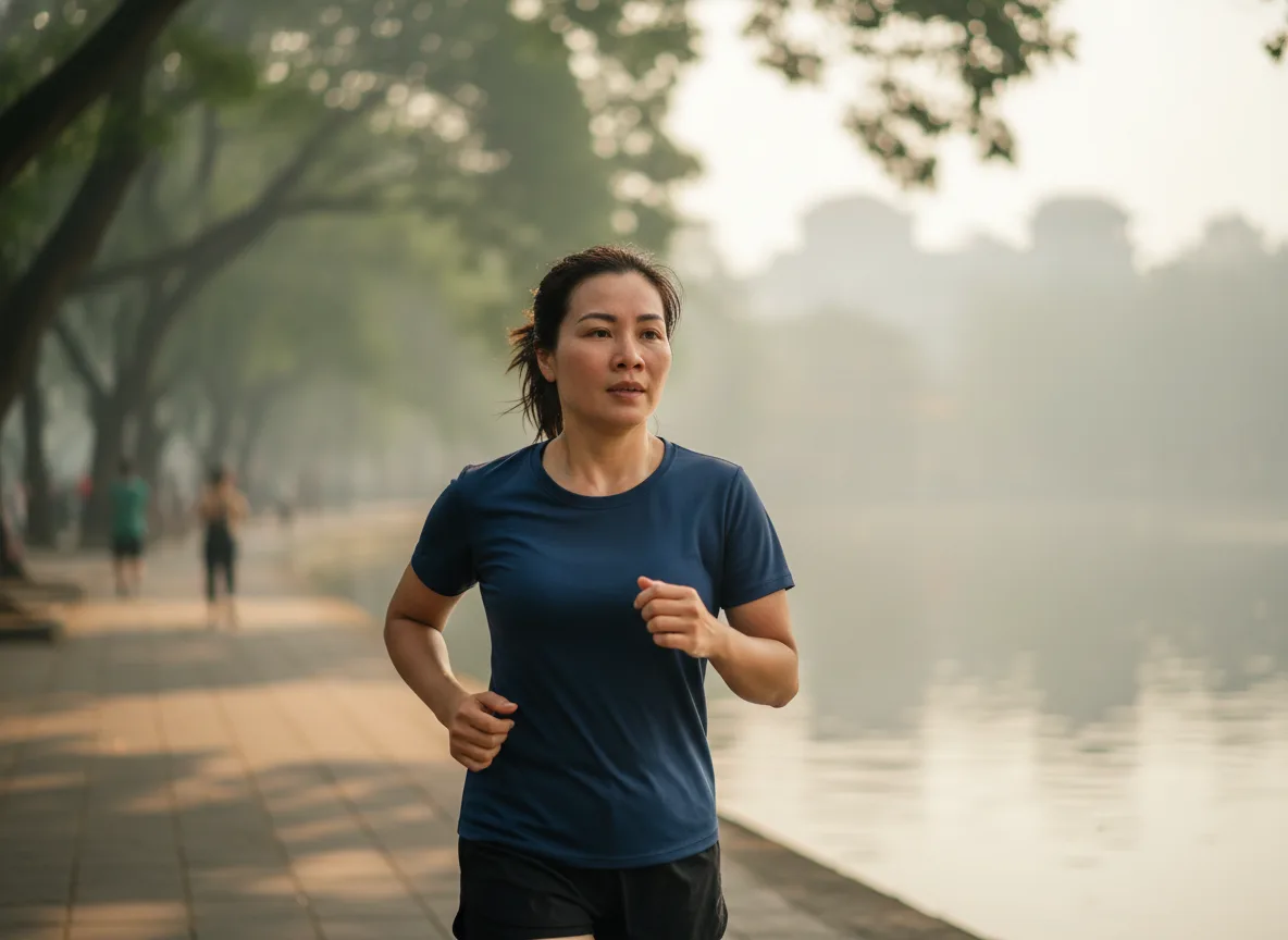 Người phụ nữ Việt Nam rèn luyện sức khỏe buổi sáng với hàng chân mày rạng rỡ nhờ điêu khắc chân mày 9d
