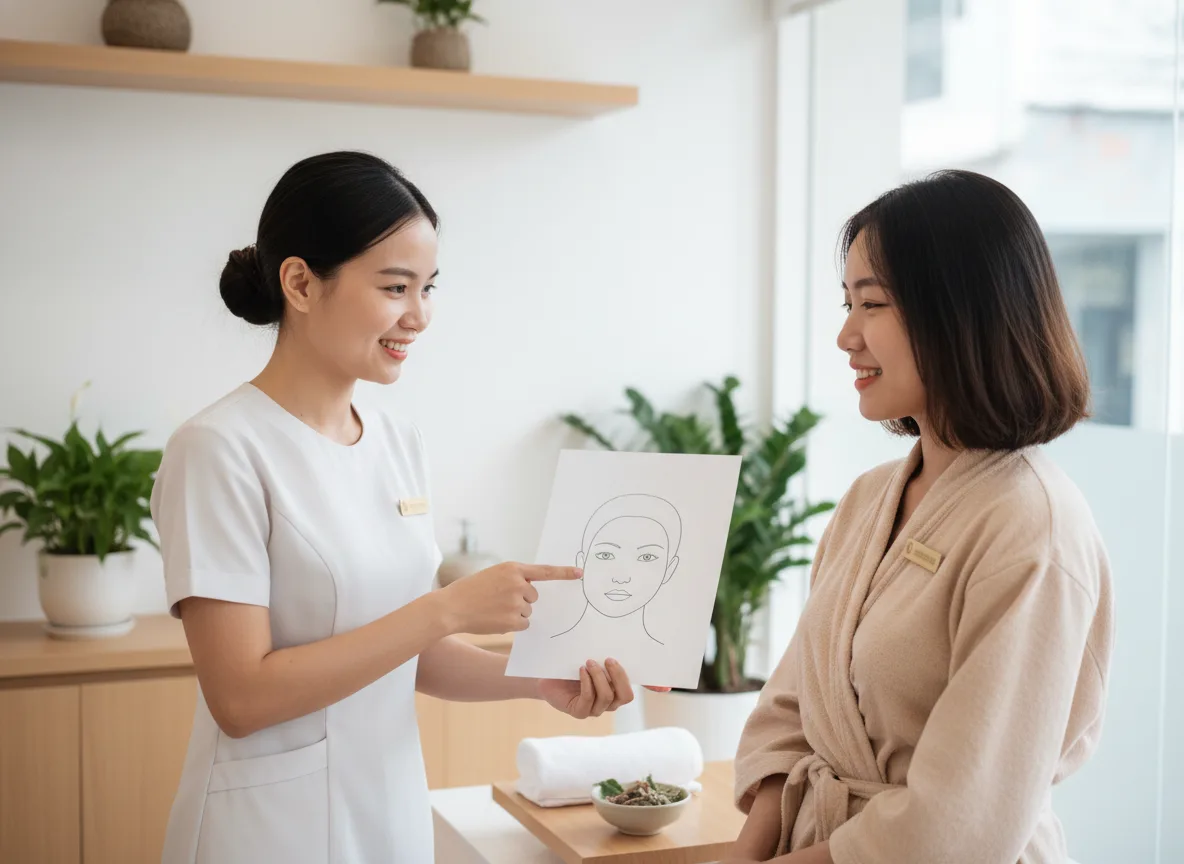 Chuyên viên thẩm mỹ đang tư vấn dáng mày phù hợp cho khách hàng chuẩn bị điêu khắc chân mày 9d