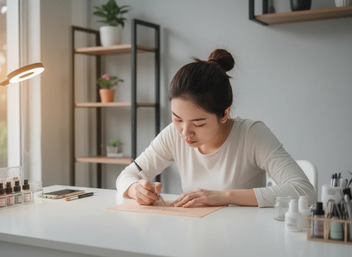 Nghệ nhân Việt Nam miệt mài luyện tập kỹ thuật điêu khắc chân mày 9d trên da giả để đạt độ chính xác cao