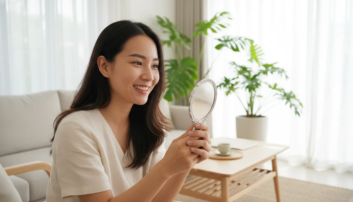 Người phụ nữ Việt Nam tự tin ngắm nhìn hàng chân mày đẹp tự nhiên được tạo hình bằng phương pháp điêu khắc chân mày 9d