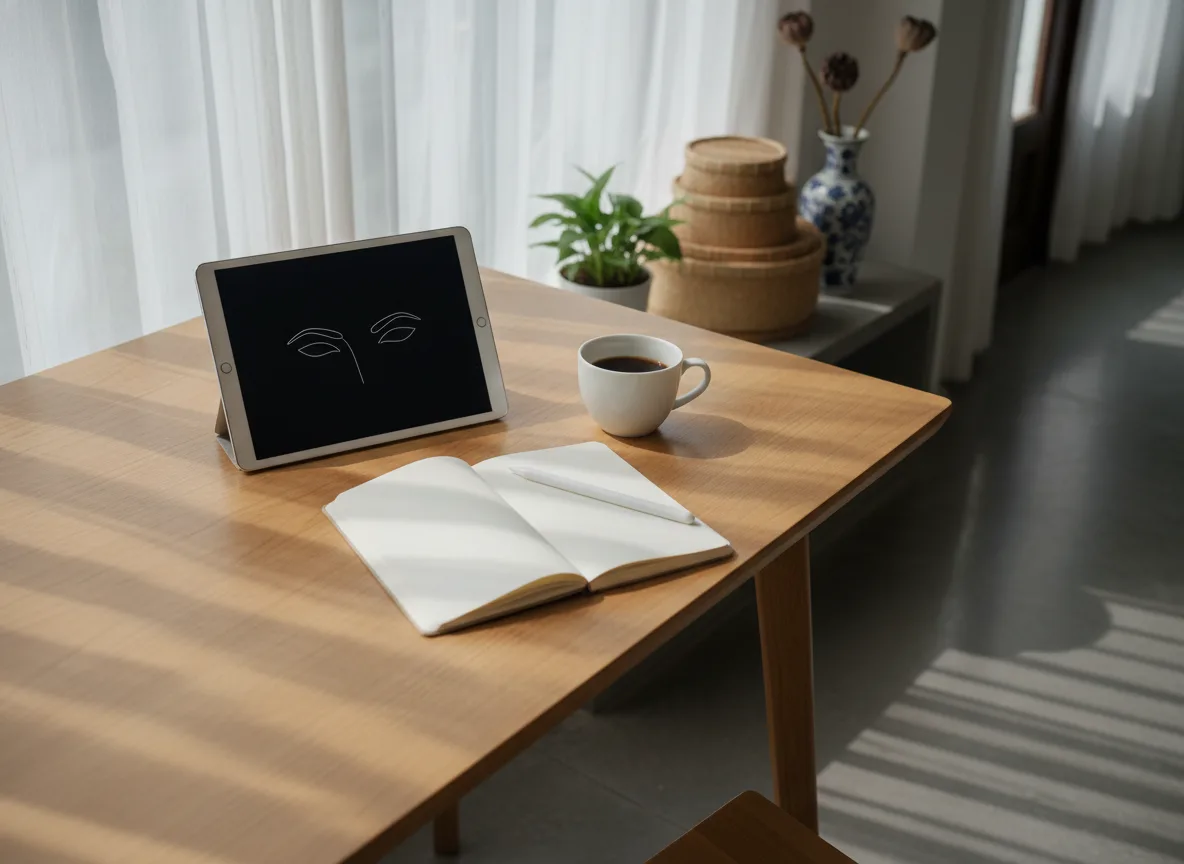 Góc làm việc gọn gàng tại Việt Nam với bản phác thảo lông mày nghệ thuật trước khi điêu khắc chân mày 9d
