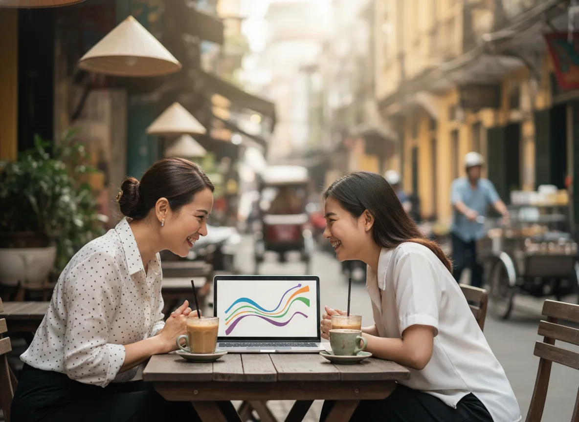 Chủ spa và quản lý thảo luận vui vẻ bên laptop không chữ, chứng minh hiệu quả từ hệ thống vận hành spa.