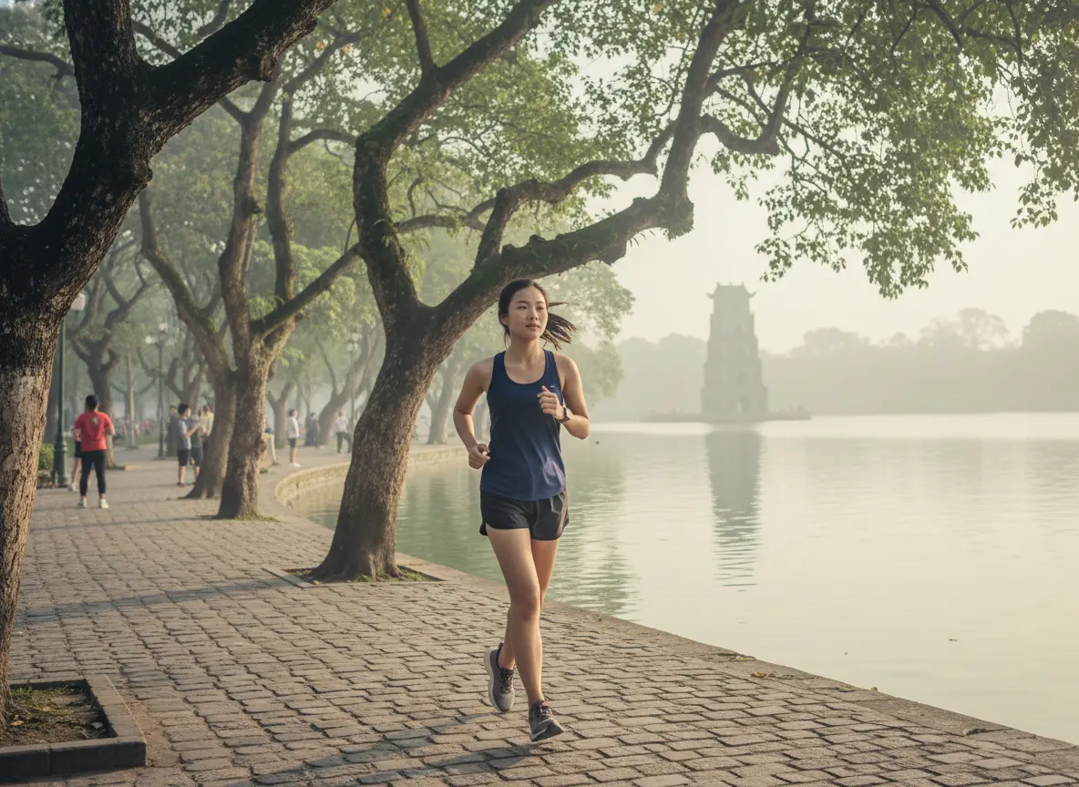 Người phụ nữ Việt Nam chạy bộ rèn luyện sức khỏe buổi sáng, biểu trưng cho sự tự do nhờ hệ thống vận hành spa.