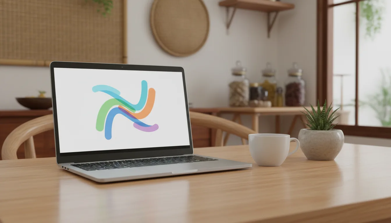 Bàn làm việc gọn gàng với laptop hiển thị biểu đồ không chữ, biểu trưng cho hệ thống vận hành spa tối giản.