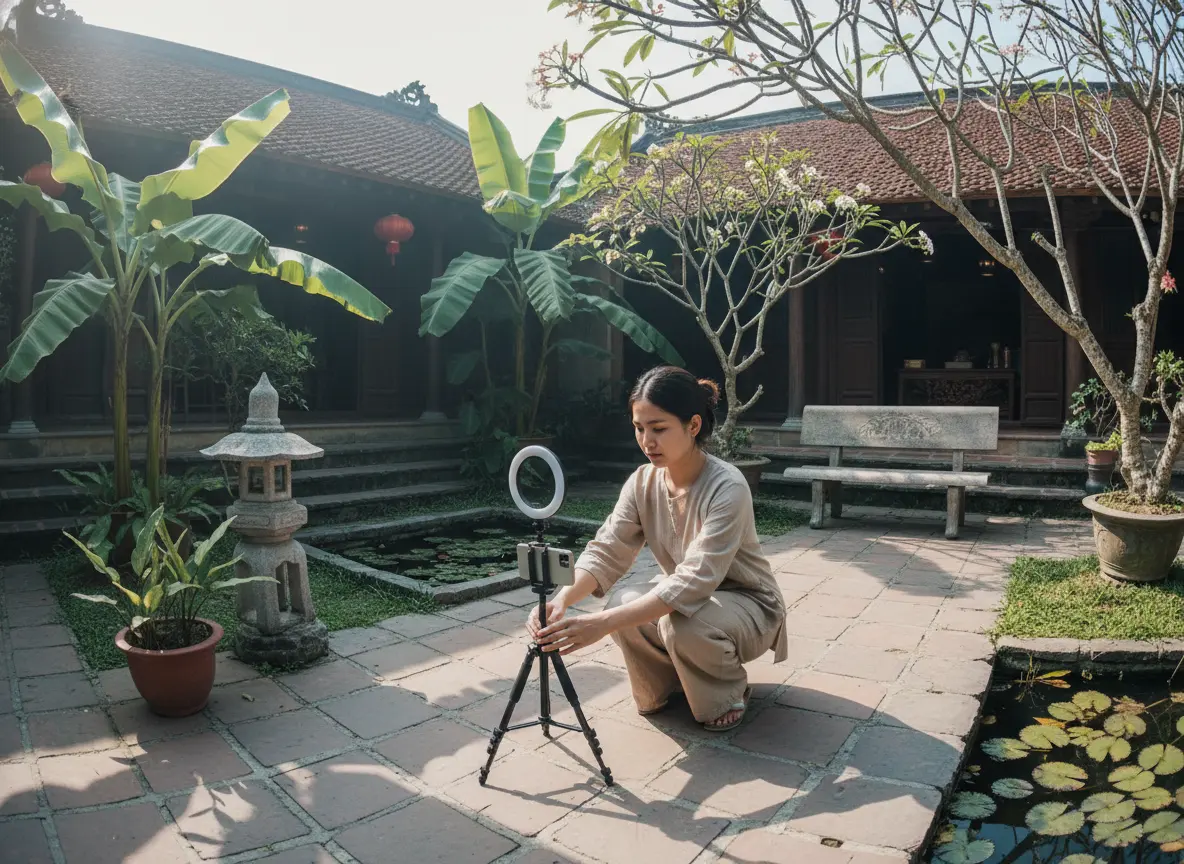 Góc quay video mộc mạc của người sáng tạo nội dung tại spa, thể hiện tính kỷ luật của hệ thống vận hành spa.