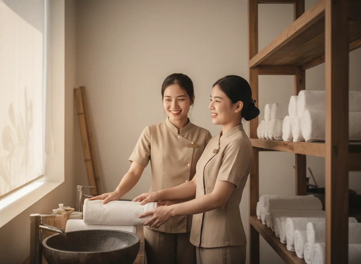 Nhân viên spa Việt Nam chuẩn bị khăn sạch chu đáo, minh họa sự chuyên nghiệp nhờ hệ thống vận hành spa chuẩn hóa.