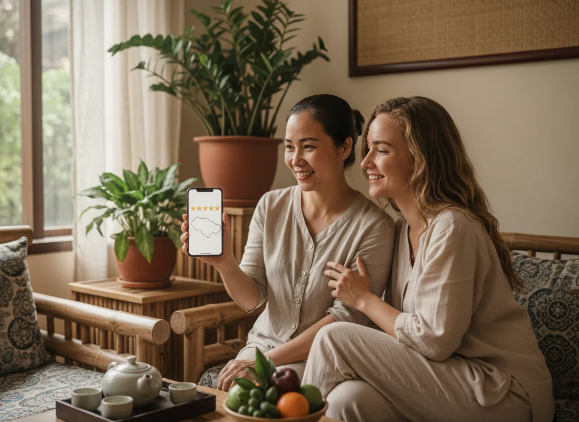 Khách hàng vui vẻ cùng chủ tiệm xem đánh giá năm sao nhờ chiến dịch quảng cáo google maps spa thành công.