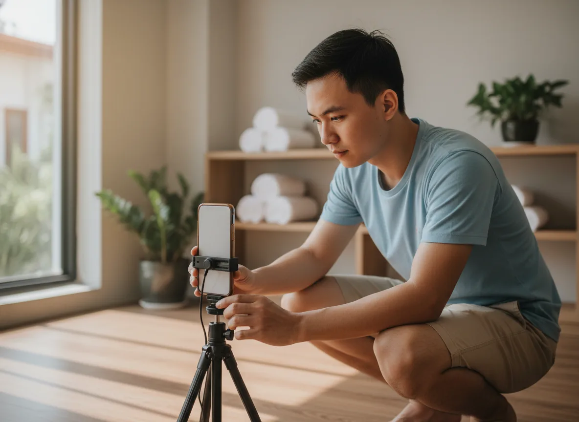 Nhà sáng tạo nội dung đang thiết lập thiết bị quay phim để hỗ trợ chiến dịch quảng cáo google maps spa đạt hiệu quả cao.