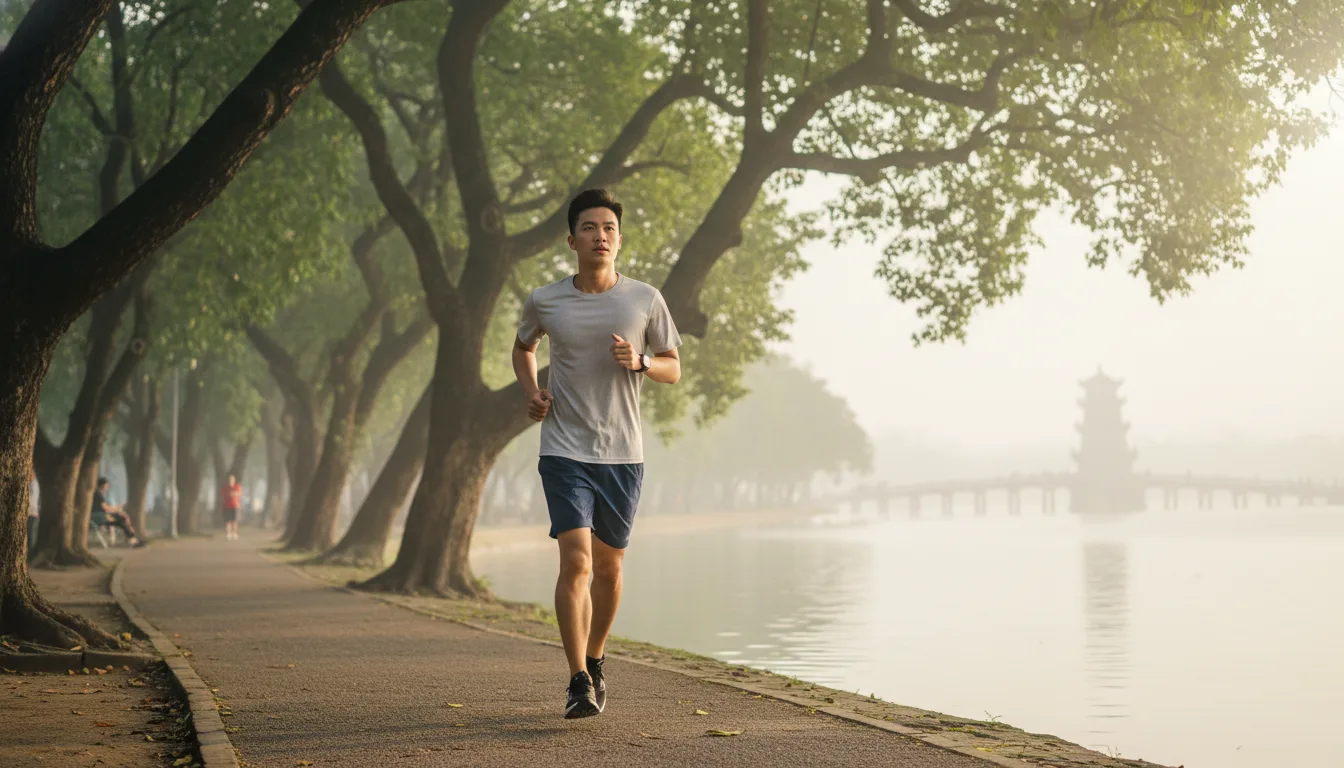 Người chạy bộ sáng sớm tại Hà Nội thể hiện tinh thần bền bỉ khi tối ưu hình ảnh SEO Maps.