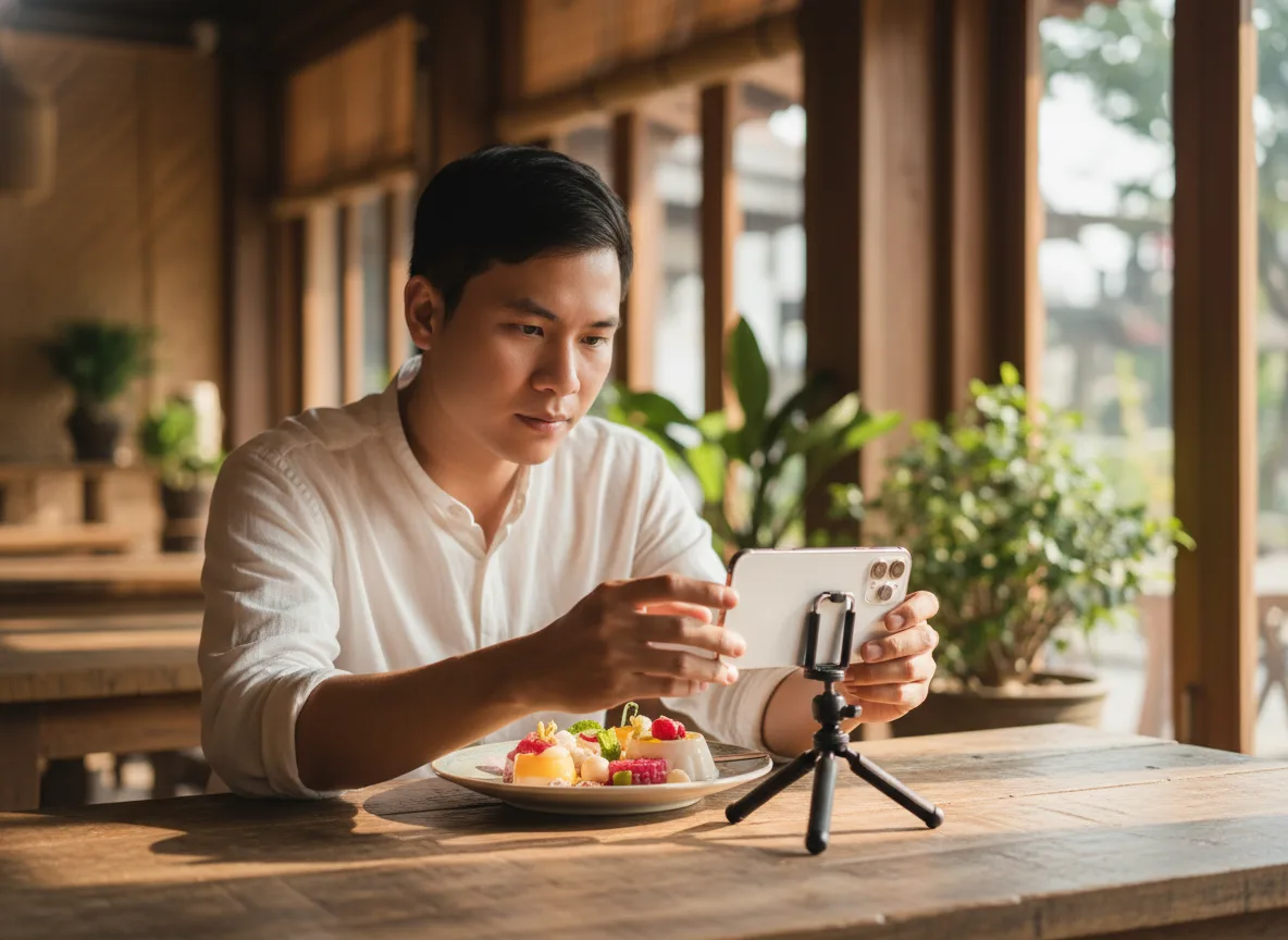 Người sáng tạo nội dung Việt Nam đang chụp ảnh sản phẩm để tối ưu hình ảnh SEO Maps.
