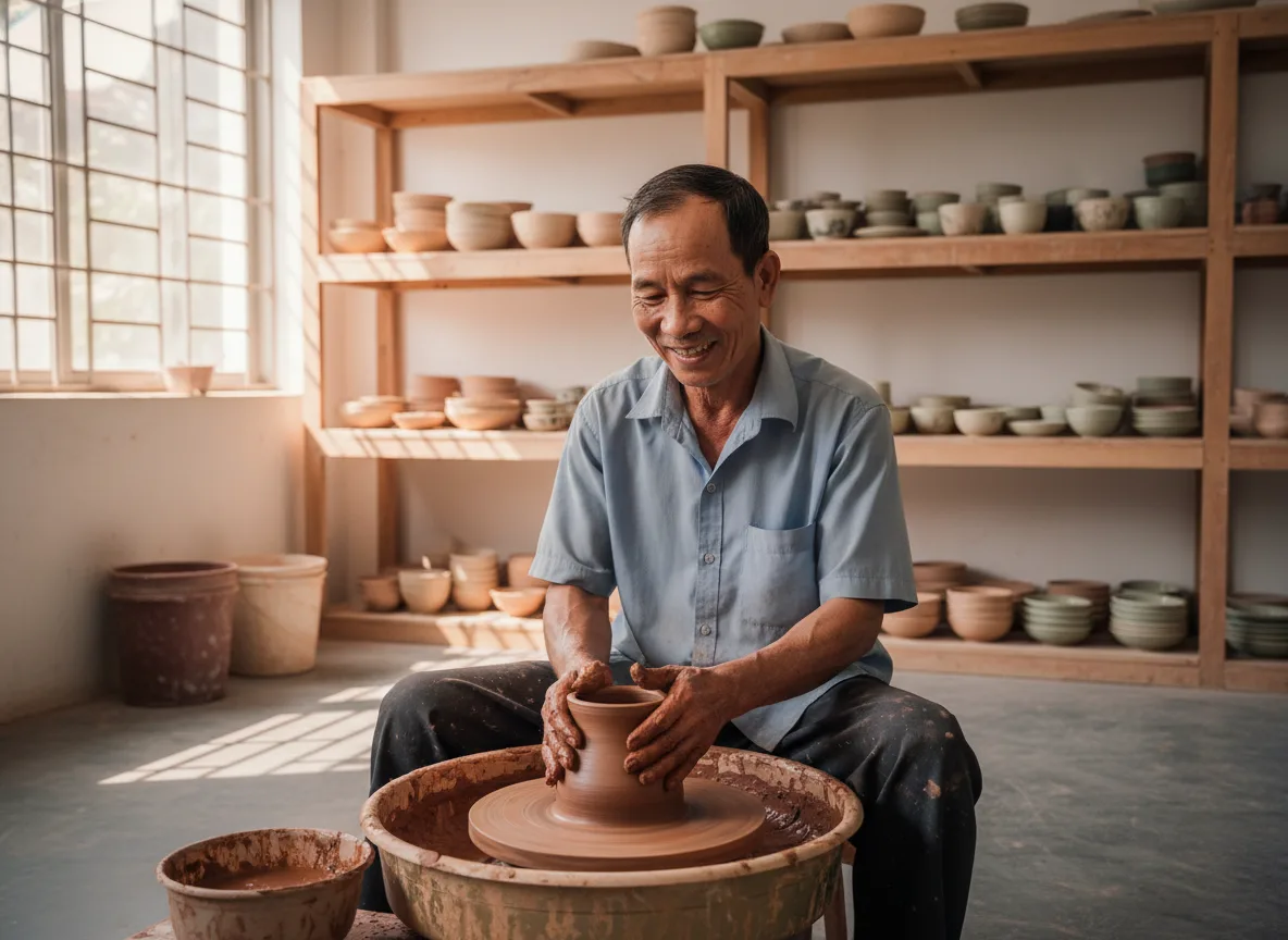 Nghệ nhân Việt Nam làm việc tại xưởng gốm sạch sẽ tạo nguồn tư liệu tối ưu hình ảnh SEO Maps.