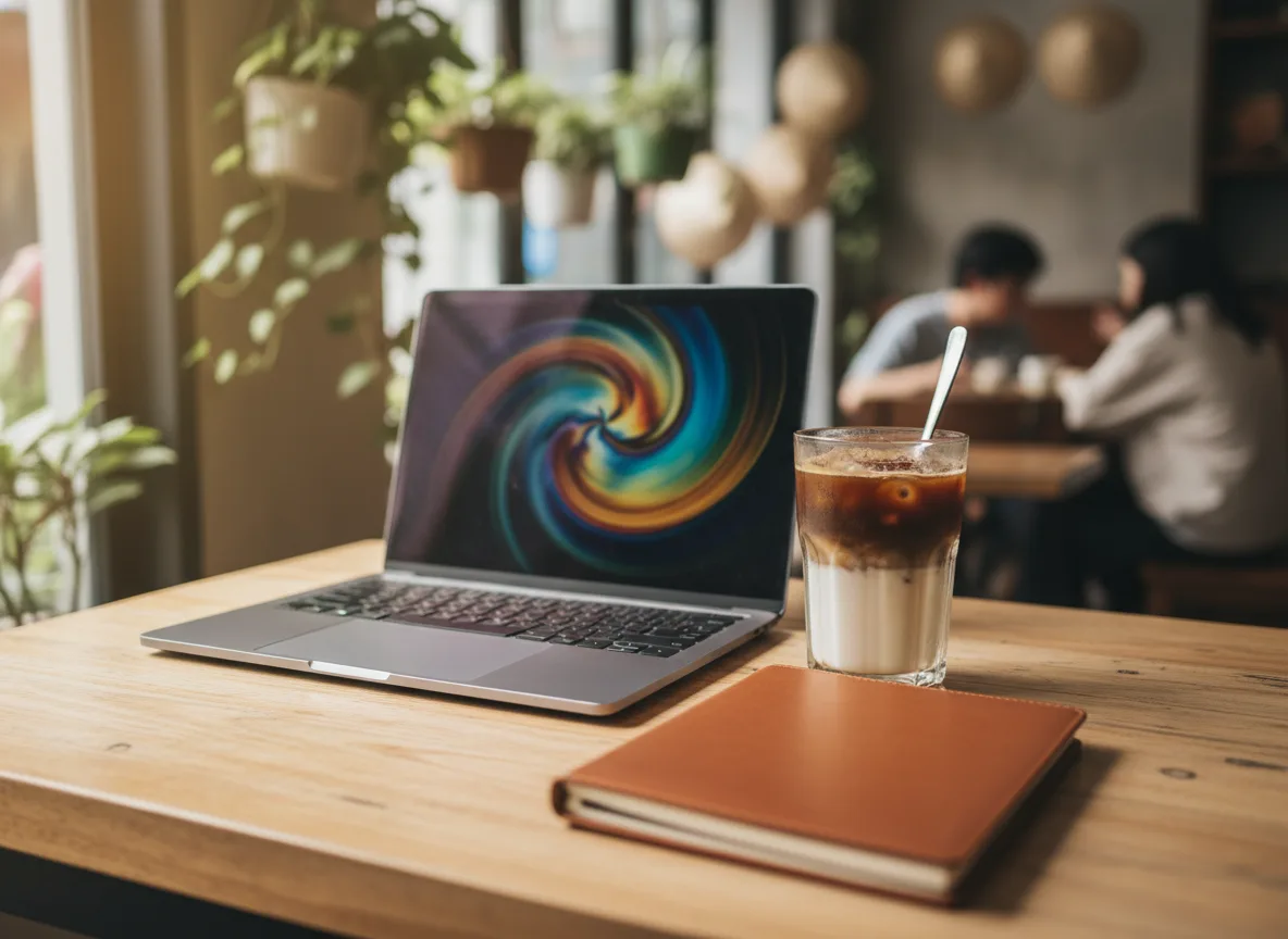 Góc làm việc tại quán cà phê Việt Nam nơi lên kế hoạch tối ưu hình ảnh SEO Maps.