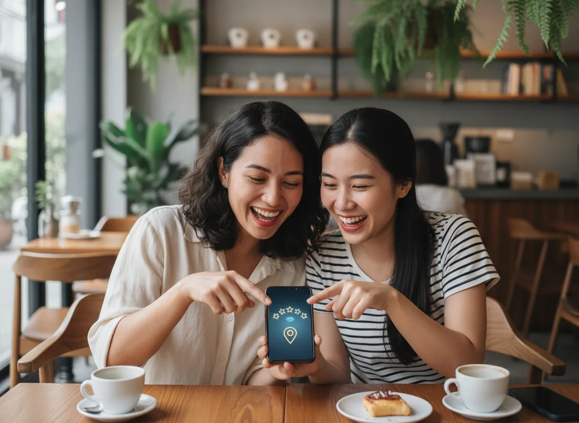 Khách hàng hào hứng chia sẻ đánh giá năm sao và tìm vị trí qua Marketing Maps Spa trên điện thoại.