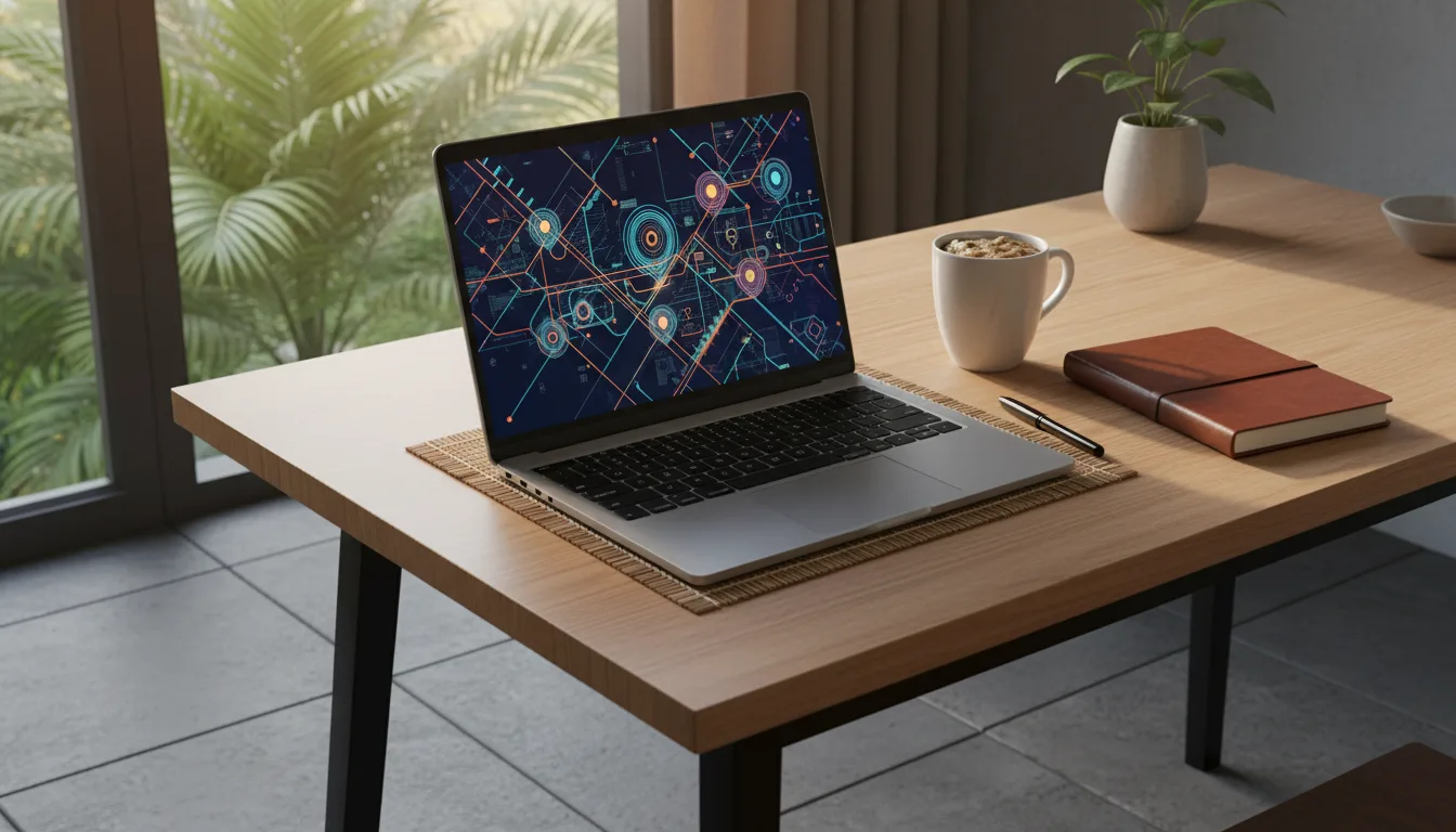 Góc làm việc hiện đại tại Việt Nam hiển thị bản đồ số không chữ cho chiến dịch Marketing Maps Spa.