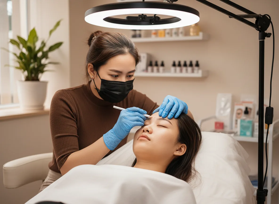 Kỹ thuật viên tư vấn dáng mày cho khách hàng tại địa điểm mở tiệm phun xăm.
