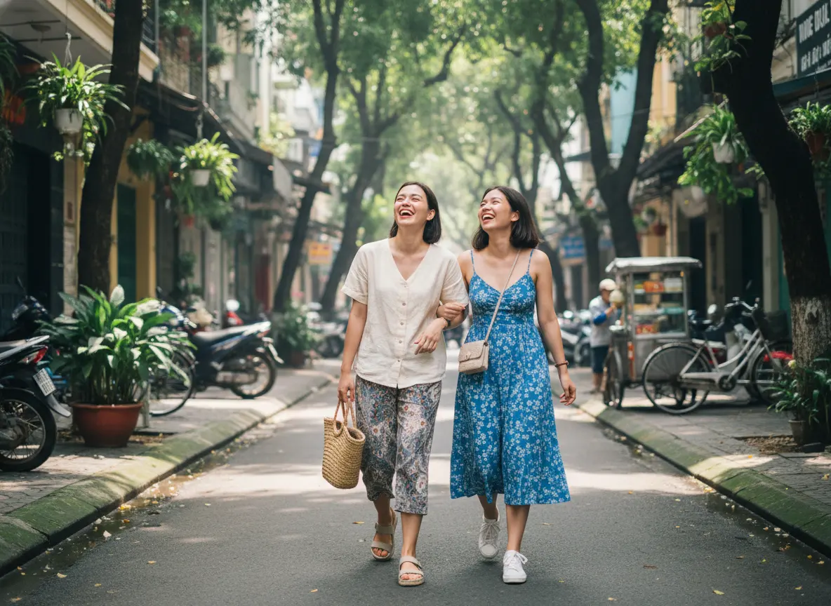Hai người bạn Việt Nam cười đùa vui vẻ khoe nụ cười rạng rỡ sau khi thực hiện phun môi collagen.