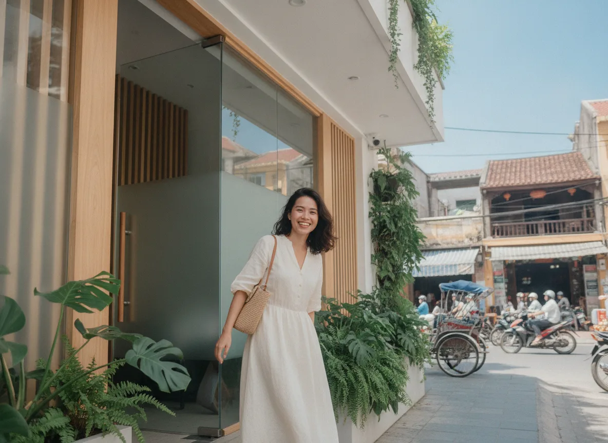 Khách hàng Việt Nam rời spa với nụ cười hài lòng, minh chứng cho hiệu quả trong việc giữ chân khách hàng Spa thông qua trải nghiệm tích cực.
