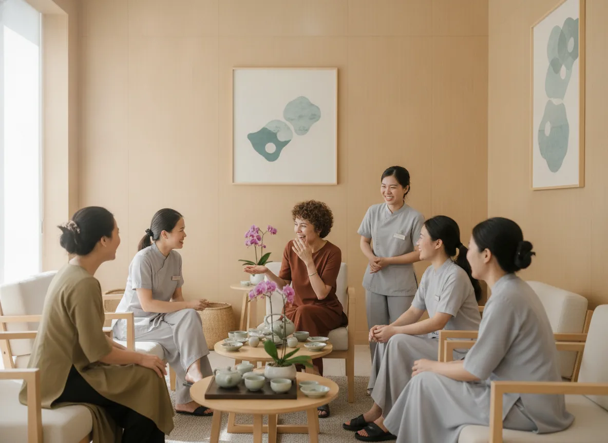 Nhóm phụ nữ Việt Nam vui vẻ tương tác tại khu vực chung của spa, tạo nên cộng đồng gắn kết giúp giữ chân khách hàng Spa.