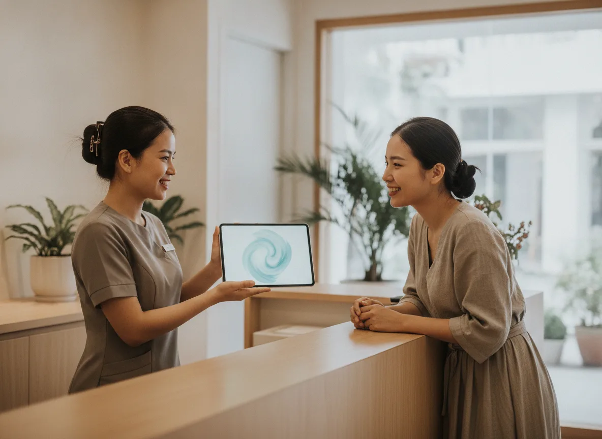 Nhân viên spa Việt Nam trao đổi với khách hàng tại quầy lễ tân, gợi ý về các chương trình ưu đãi để giữ chân khách hàng Spa.