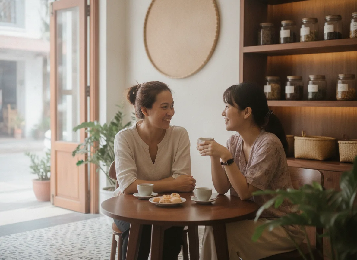 Hai người phụ nữ Việt Nam trò chuyện thân mật trong quán cà phê, minh họa việc lắng nghe khách hàng là nền tảng để giữ chân khách hàng Spa.
