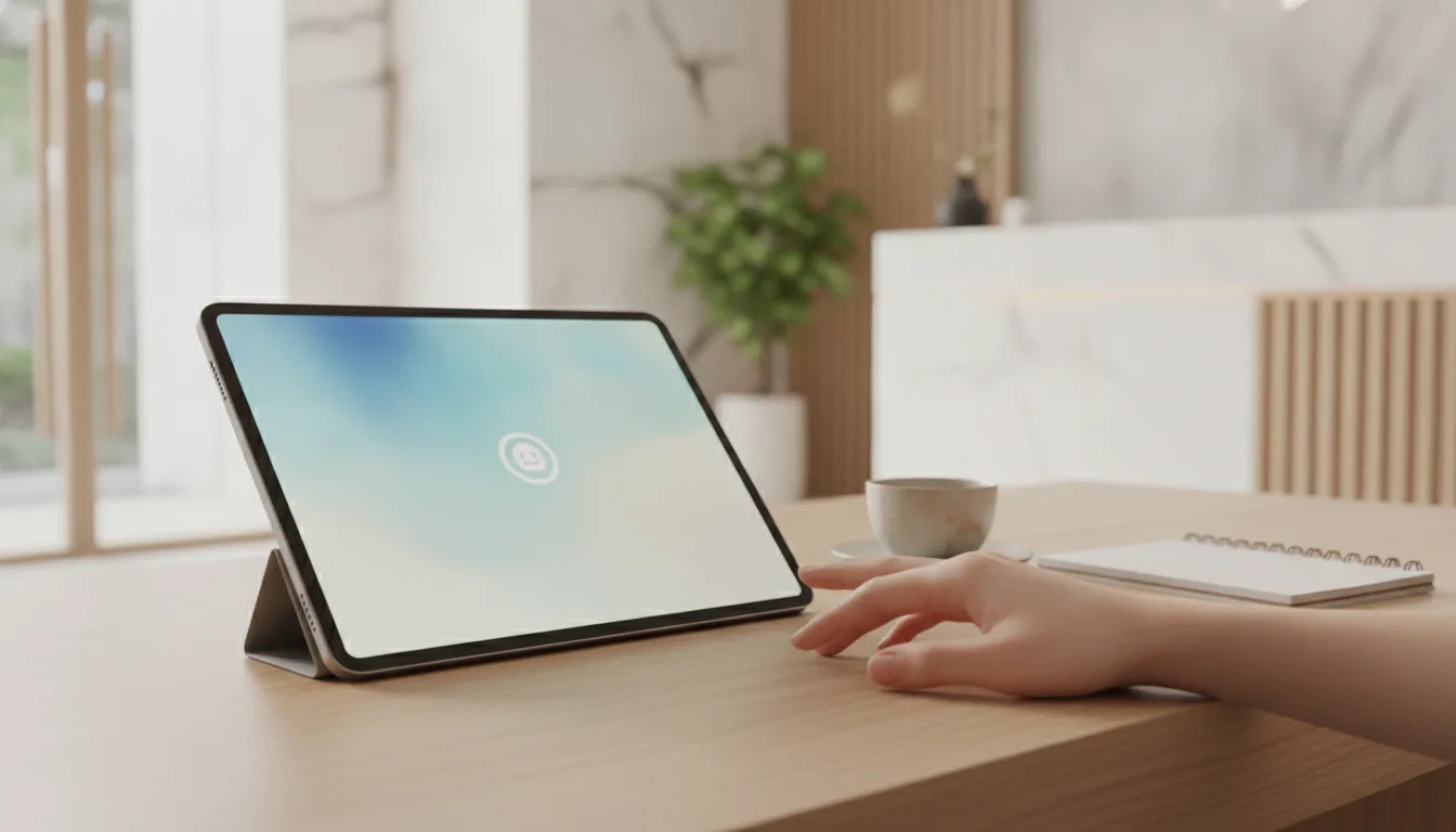 Một bàn tay người Việt đang chạm nhẹ vào màn hình máy tính bảng trống tại một không gian làm việc hiện đại, tượng trưng cho bước tiến trong đào tạo nhân sự AI cho Spa.