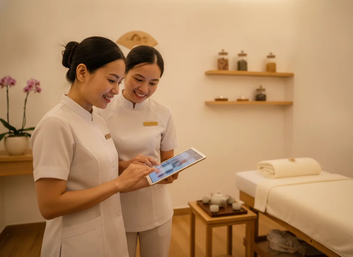 Đội ngũ nhân viên spa cùng thảo luận về hiệu quả của giải pháp AI viết bài Maps cho Spa.