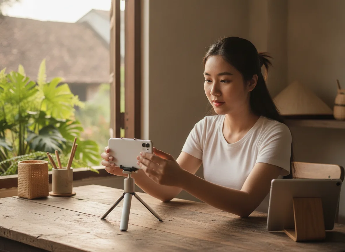 Góc quay chụp tối giản của creator chia sẻ kinh nghiệm dùng AI viết bài Maps cho Spa chuyên nghiệp.
