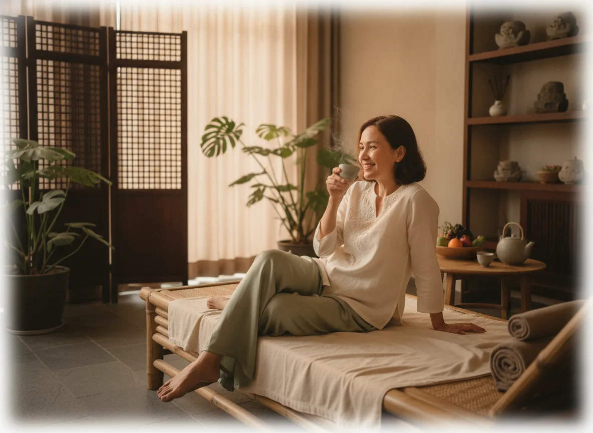 Khách hàng Việt Nam thư giãn trong không gian spa sang trọng, thể hiện sự hài lòng sau trải nghiệm dịch vụ chất lượng, minh chứng hiệu quả của vận hành chuỗi Spa.