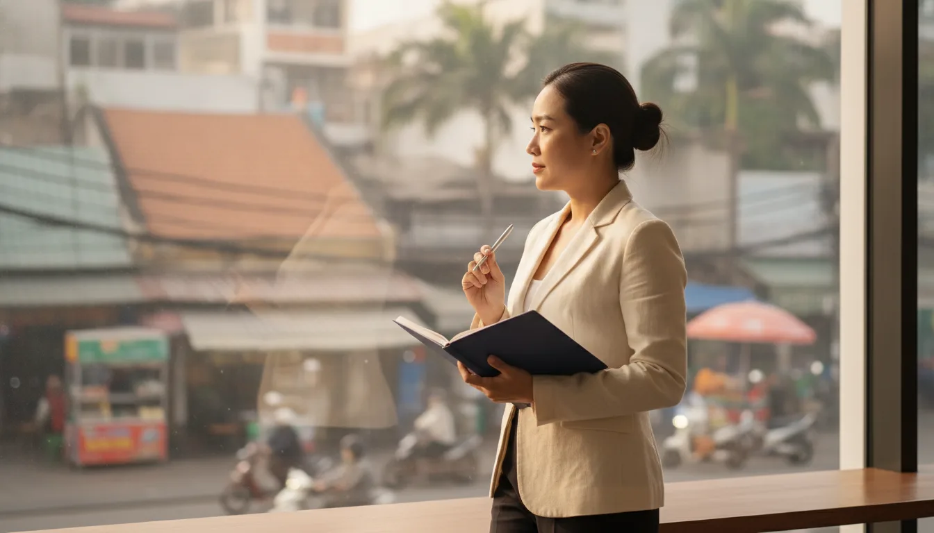 Một doanh nhân Việt Nam trầm tư suy nghĩ tại văn phòng, phác thảo ý tưởng mới cho việc phát triển và vận hành chuỗi Spa.