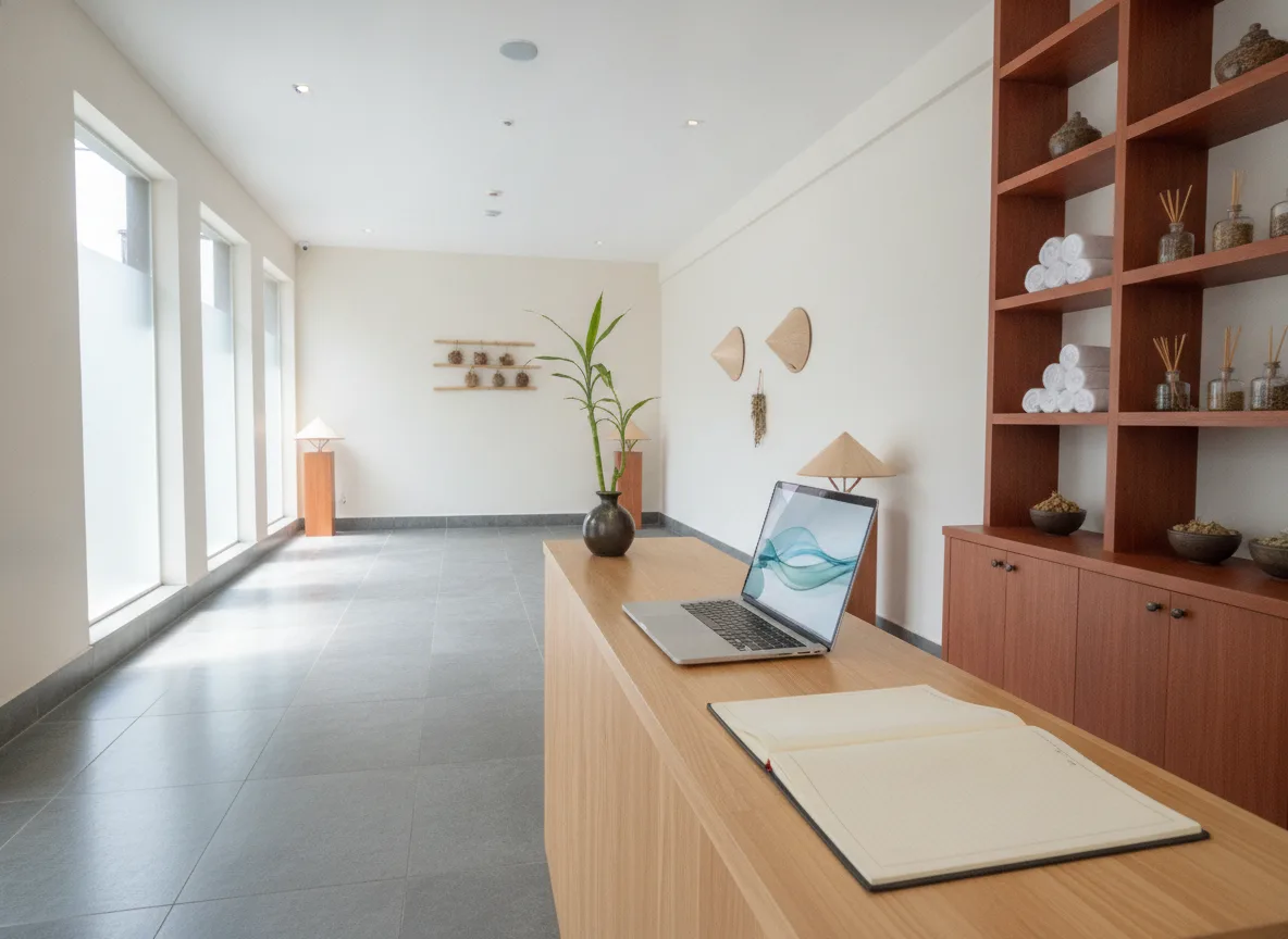 Quầy lễ tân spa sạch sẽ, gọn gàng tại Việt Nam, biểu tượng cho hệ thống vận hành chuỗi Spa trơn tru và hiệu quả.